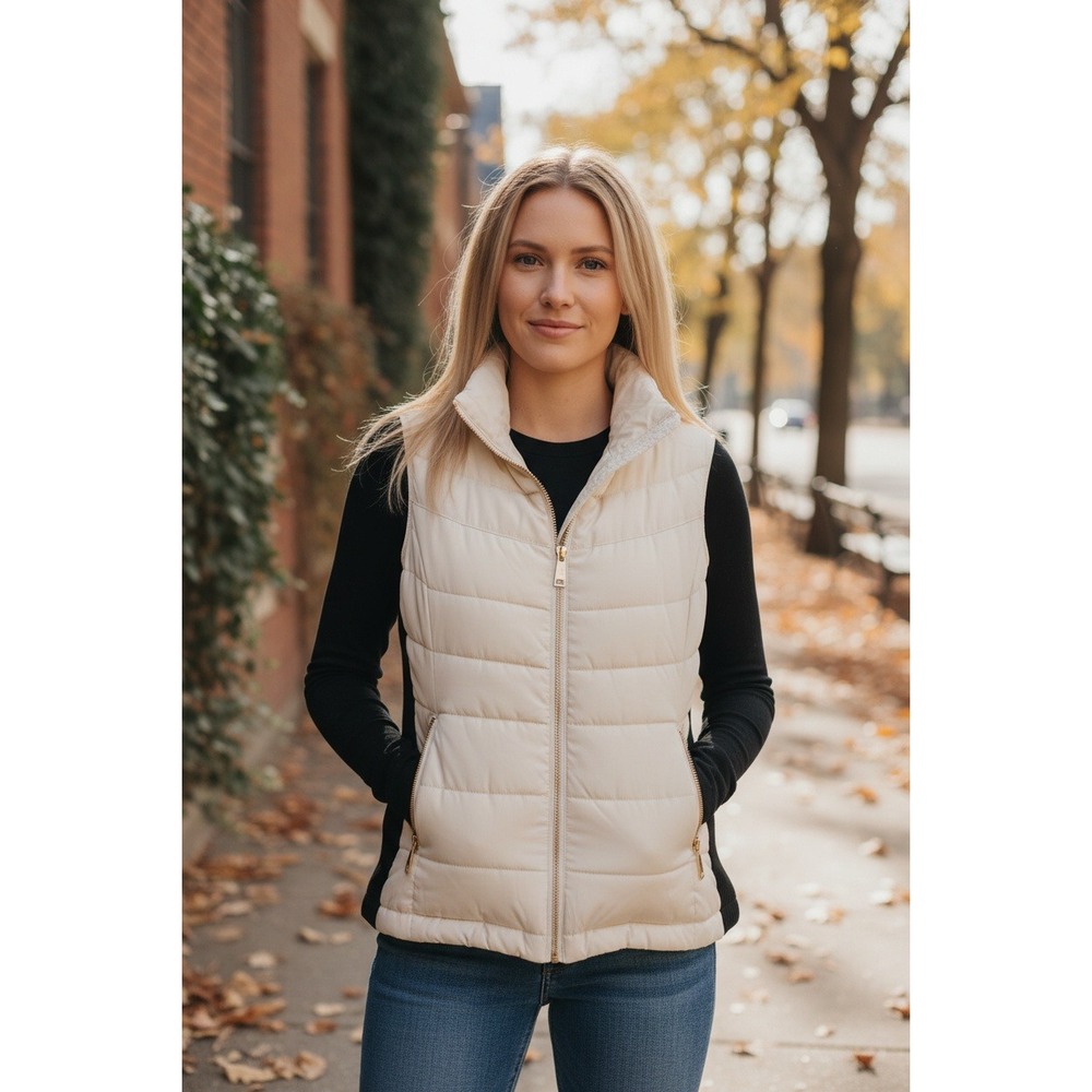 Calvin Klein Women Puffer Vest Cream Gold Zipper Knit Sides Size XL